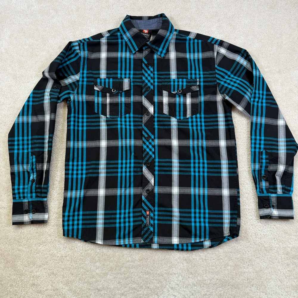 Vintage SouthPole Shirt Mens Medium Black Plaid Button Up Longsleeve - Picture 2 of 10